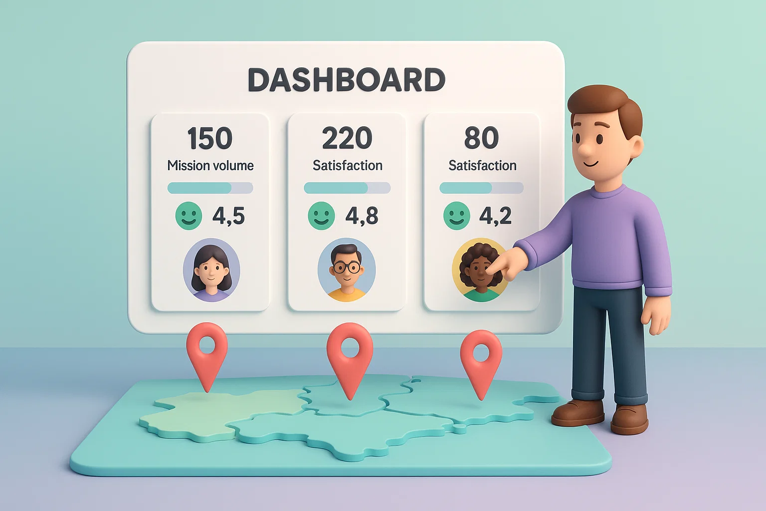 Tableau de bord PlatformEasy affichant les indicateurs d’activité, de qualité et de localisation des intervenants SAP.