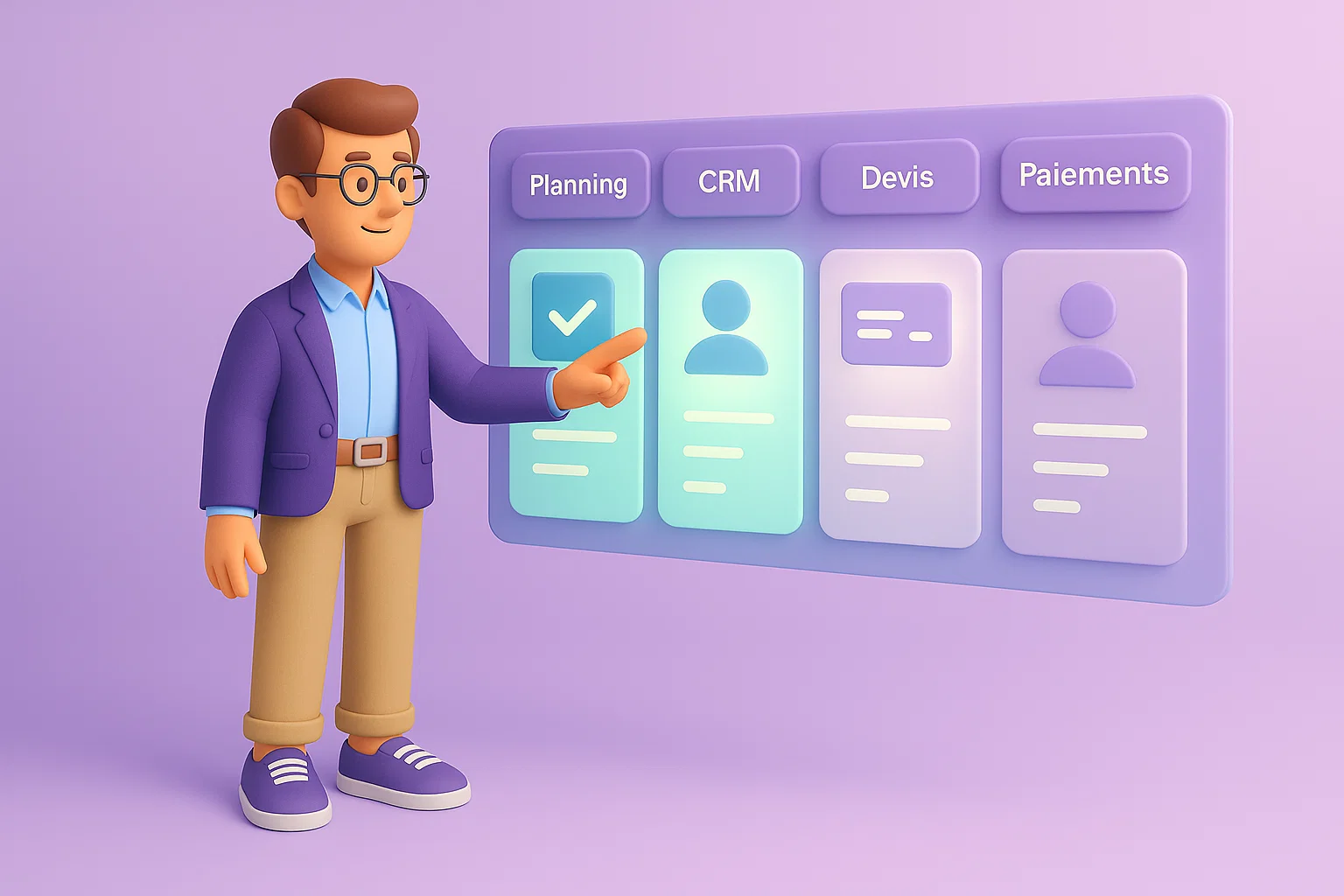 Interface PlatformEasy affichant les outils de pilotage des activités : planning, CRM, devis, paiements et suivi des prestations.