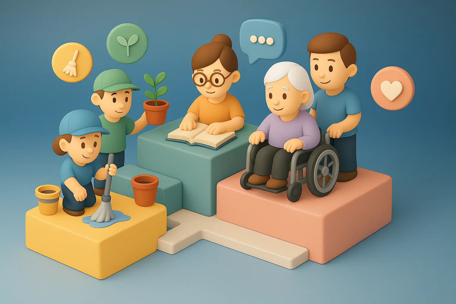 Illustration de plusieurs intervenants exerçant différents métiers dans les services à la personne, tous coordonnés via la plateforme PlatformEasy.