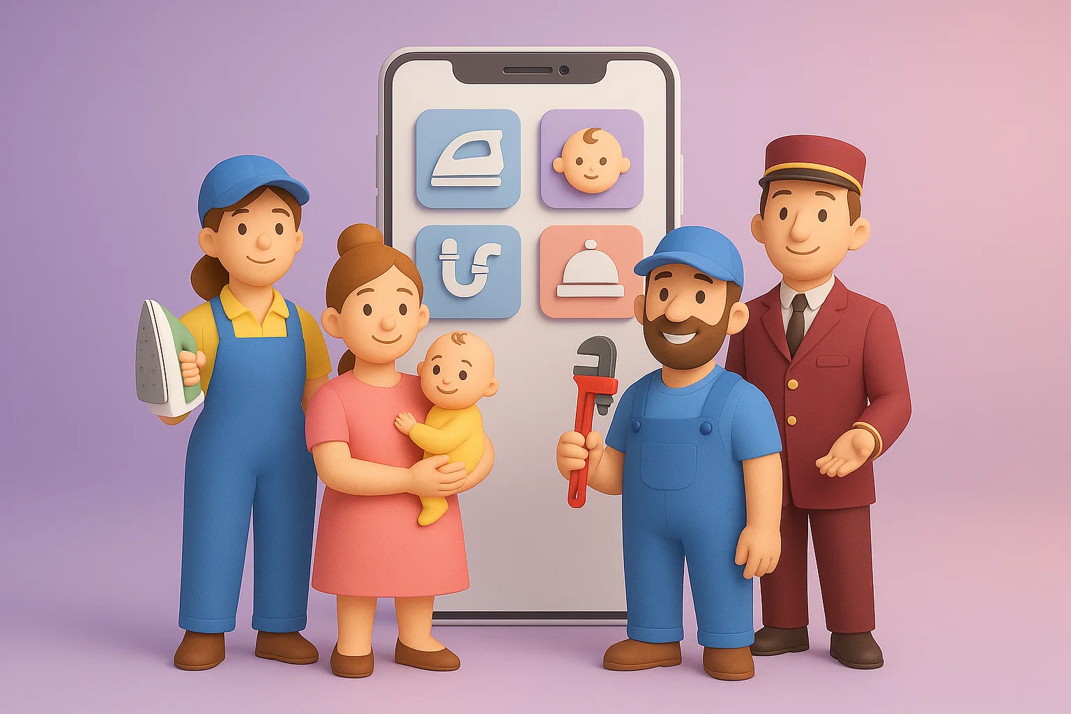 Illustration d’une conciergerie de services digitalisée avec pictogrammes métiers et interface utilisateur simplifiée