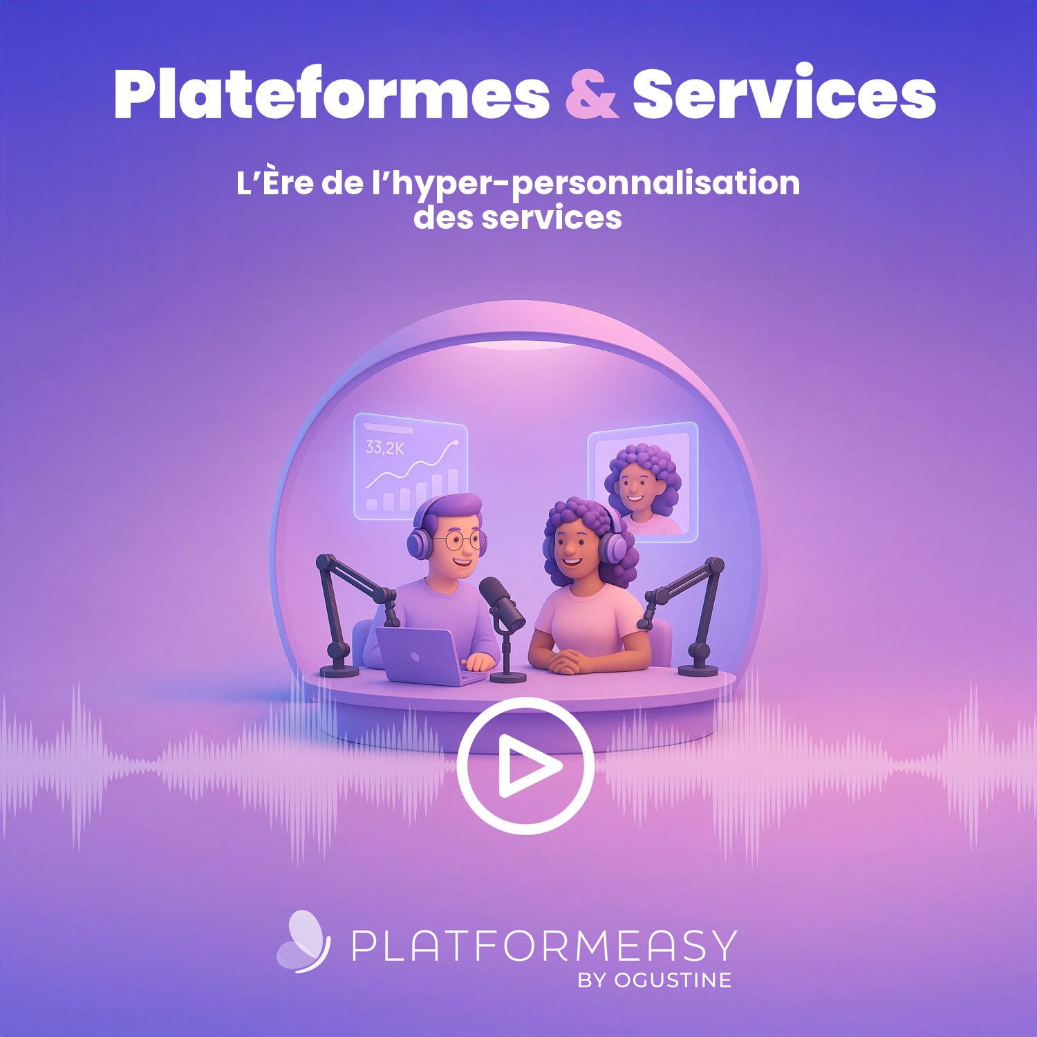 Studio de podcast 3D pastel, épisode Plateformes & Services sur l'ère de l'hyper-personnalisation des services.