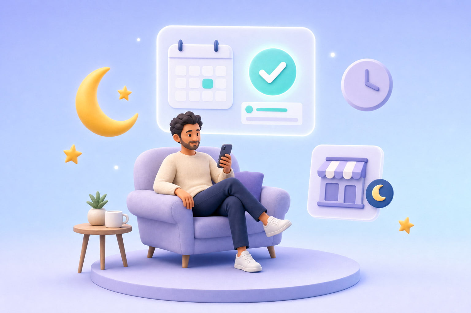 Un client réserve un service depuis son smartphone, assis dans un fauteuil, de nuit, pendant que la boutique est fermée